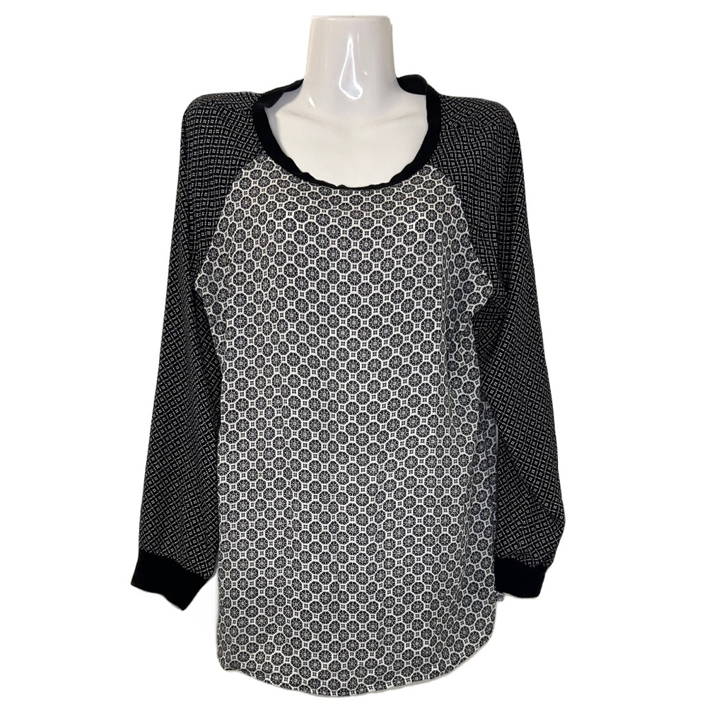 Loft | Mixed Print Pattern Long Sleeve Scarf Blouse | Black & White | Medium